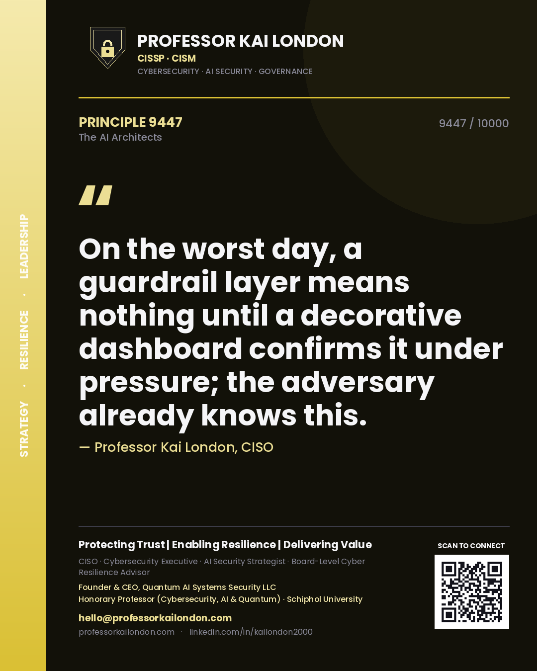 Quote card by Professor Kai London reading 'On the worst day, a guardrail layer means nothing until a decorative dashboard confirms it under pressure; the adversary already knows this.'. From the book The AI Architects.