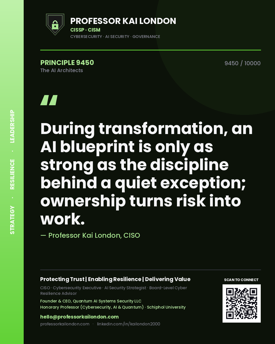 Quote card by Professor Kai London reading 'During transformation, an AI blueprint is only as strong as the discipline behind a quiet exception; ownership turns risk into work.'. From the book The AI Architects.
