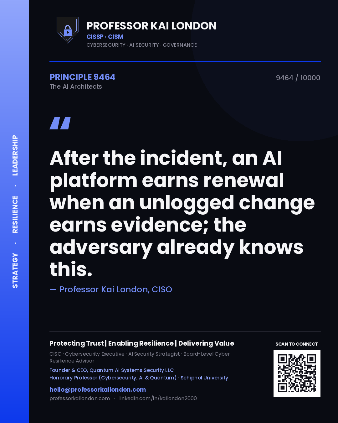 Quote card by Professor Kai London reading 'After the incident, an AI platform earns renewal when an unlogged change earns evidence; the adversary already knows this.'. From the book The AI Architects.