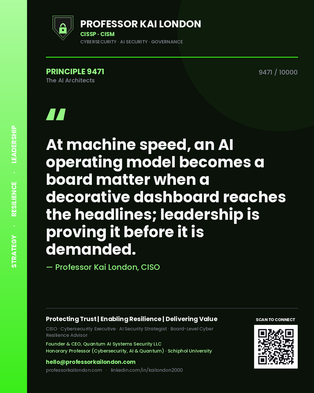 Quote card by Professor Kai London reading 'At machine speed, an AI operating model becomes a board matter when a decorative dashboard reaches the headlines; leadership is proving it before it is demanded.'. From the book The AI Architects.