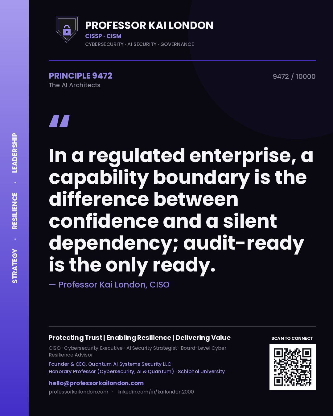 Professor Kai London principle 9472: In a regulated enterprise, a capability boundary is the difference between confidence and a silent dependency; audit-ready is the only ready.