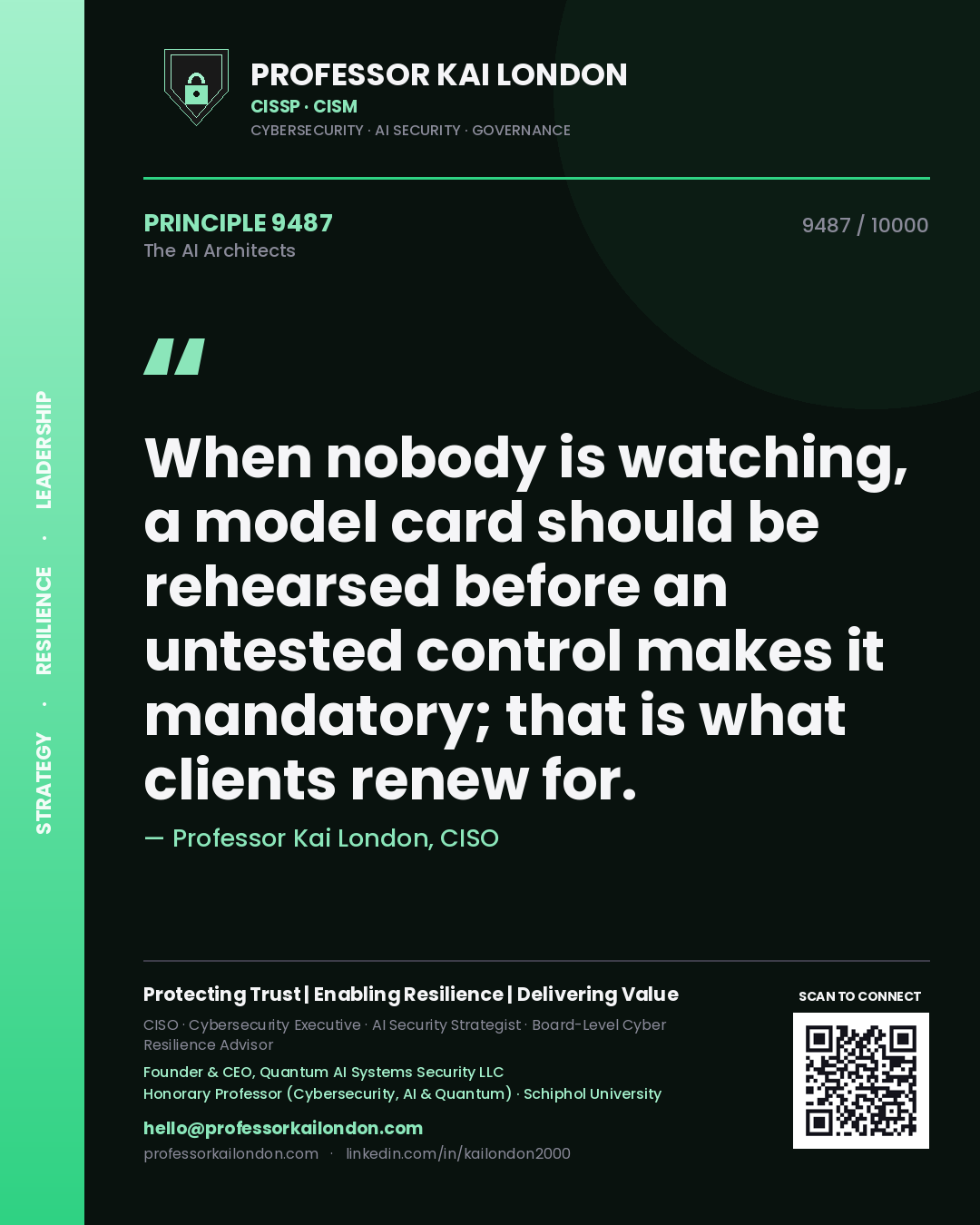Quote card by Professor Kai London reading 'When nobody is watching, a model card should be rehearsed before an untested control makes it mandatory; that is what clients renew for.'. From the book The AI Architects.