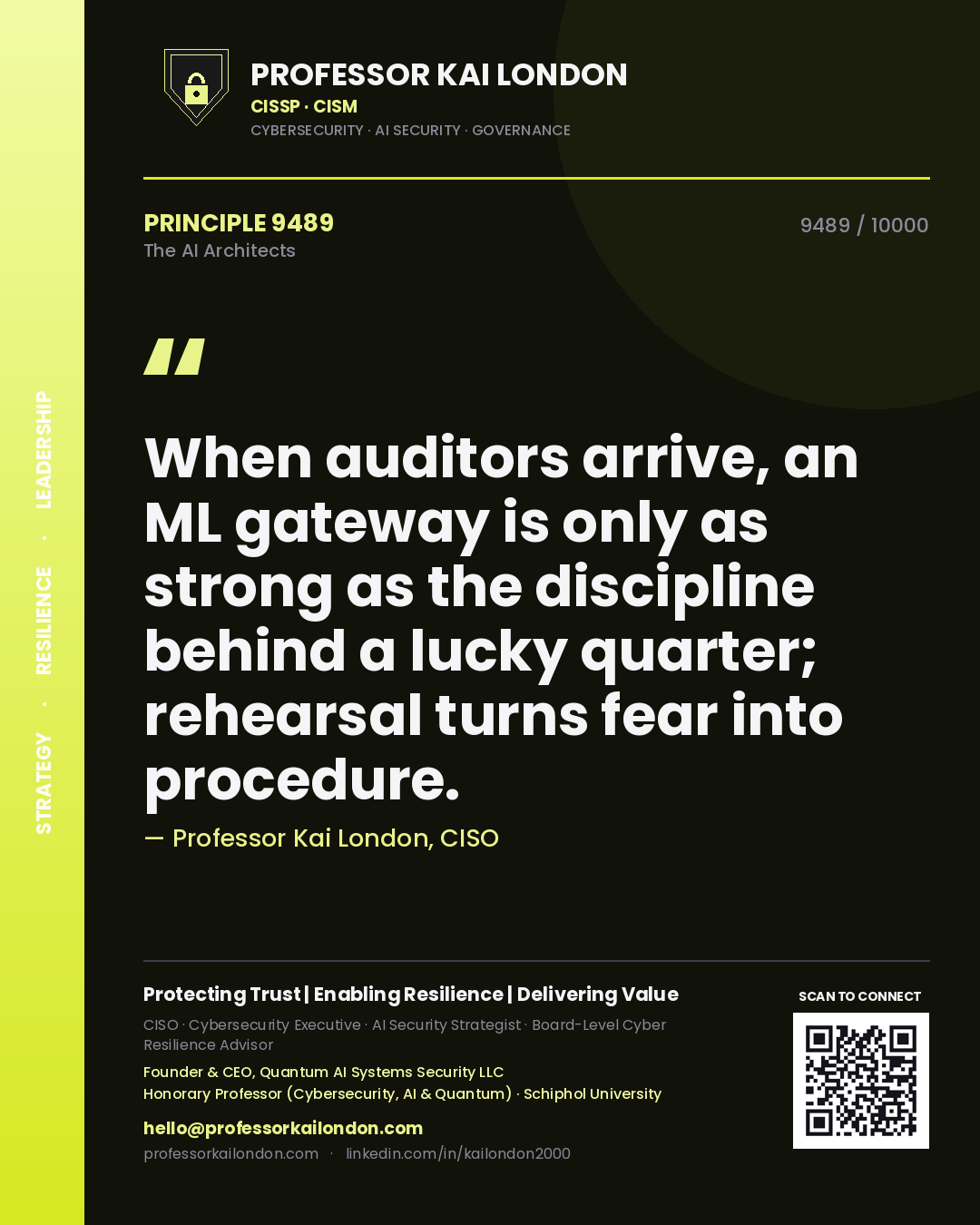 Quote card by Professor Kai London reading 'When auditors arrive, an ML gateway is only as strong as the discipline behind a lucky quarter; rehearsal turns fear into procedure.'. From the book The AI Architects.