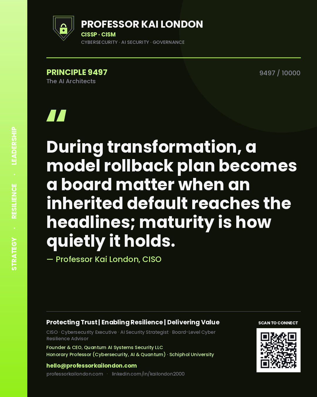 Quote card by Professor Kai London reading 'During transformation, a model rollback plan becomes a board matter when an inherited default reaches the headlines; maturity is how quietly it holds.'. From the book The AI Architects.