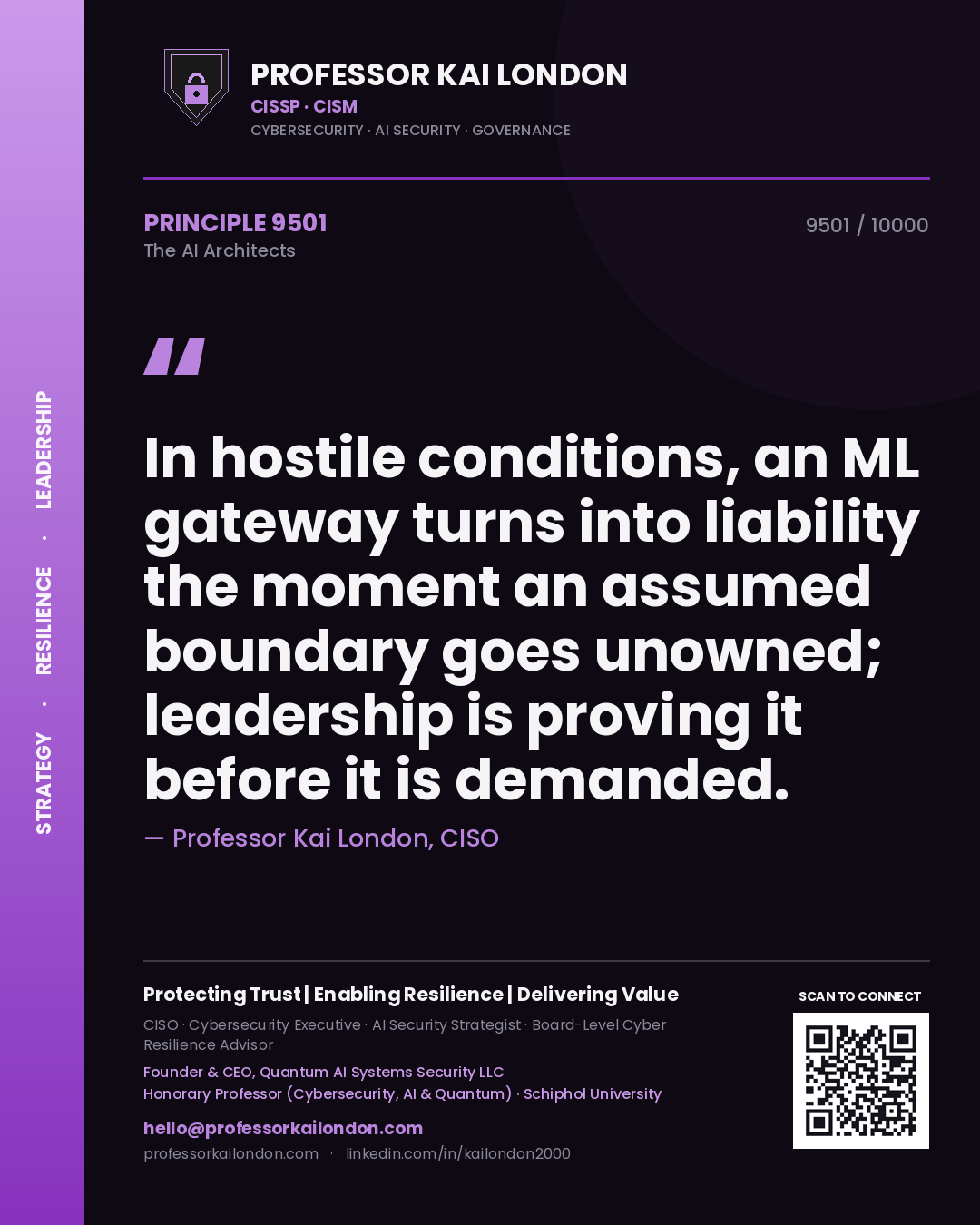 Professor Kai London principle 9501: In hostile conditions, an ML gateway turns into liability the moment an assumed boundary goes unowned; leadership is proving it before it is demanded.