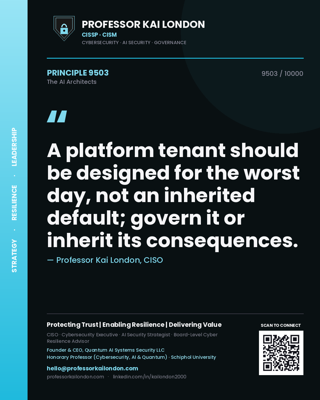 Quote card by Professor Kai London reading 'A platform tenant should be designed for the worst day, not an inherited default; govern it or inherit its consequences.'. From the book The AI Architects.