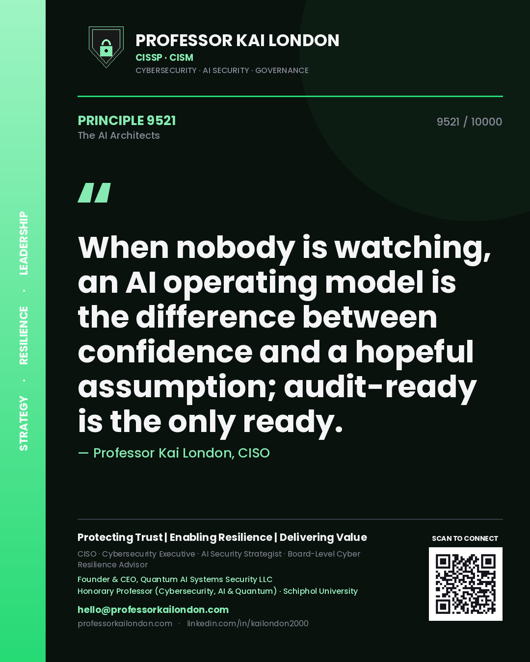 Professor Kai London principle 9521: When nobody is watching, an AI operating model is the difference between confidence and a hopeful assumption; audit-ready is the only ready.