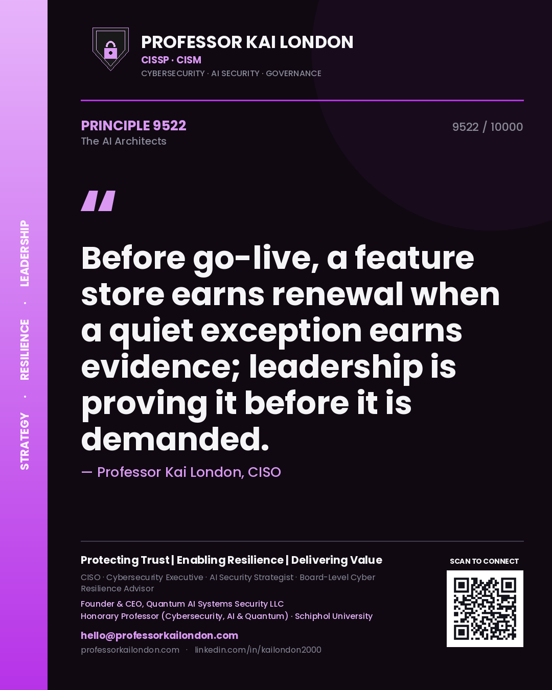Professor Kai London principle 9522: Before go-live, a feature store earns renewal when a quiet exception earns evidence; leadership is proving it before it is demanded.