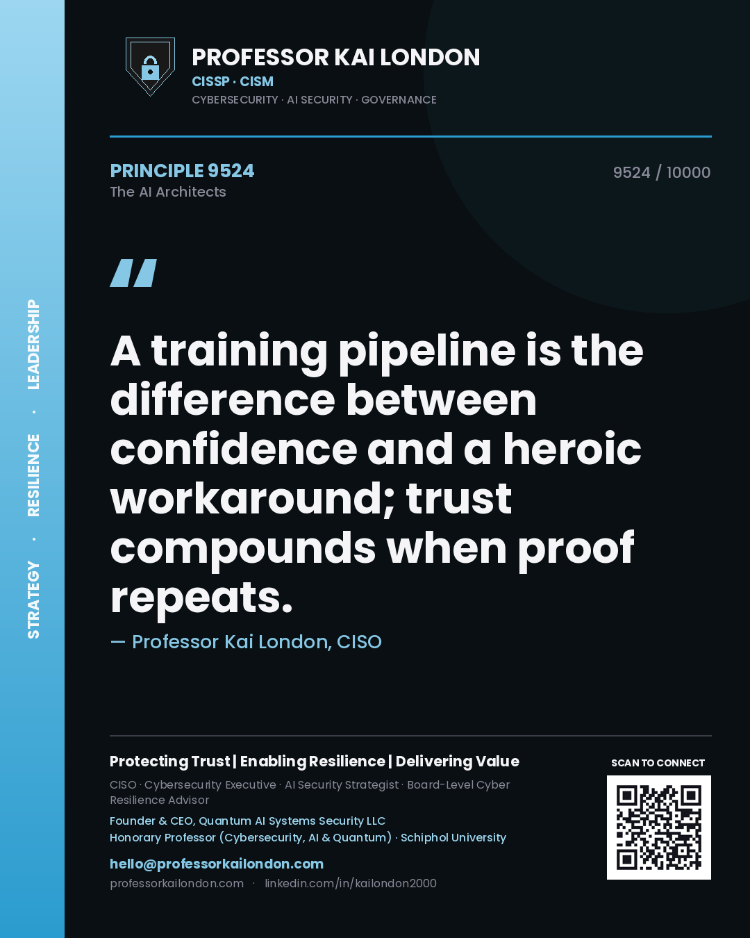 Professor Kai London principle 9524: A training pipeline is the difference between confidence and a heroic workaround; trust compounds when proof repeats.