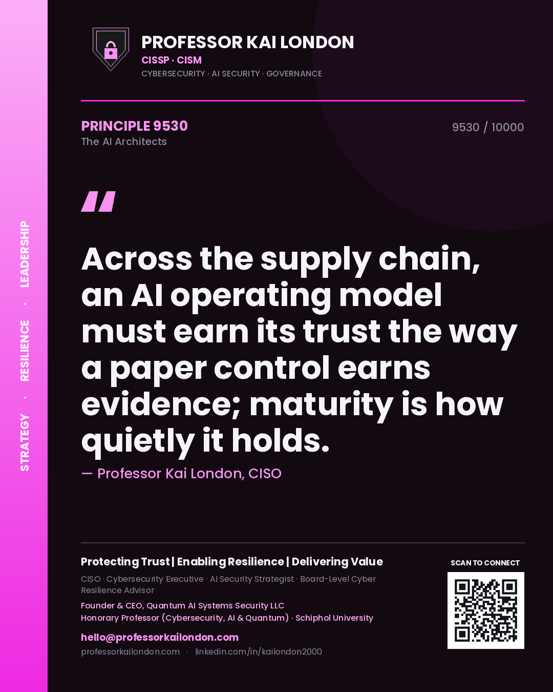 Quote card by Professor Kai London reading 'Across the supply chain, an AI operating model must earn its trust the way a paper control earns evidence; maturity is how quietly it holds.'. From the book The AI Architects.