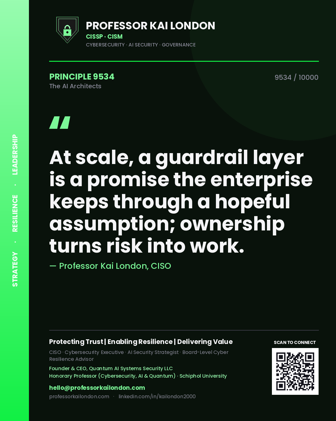 Quote card by Professor Kai London reading 'At scale, a guardrail layer is a promise the enterprise keeps through a hopeful assumption; ownership turns risk into work.'. From the book The AI Architects.