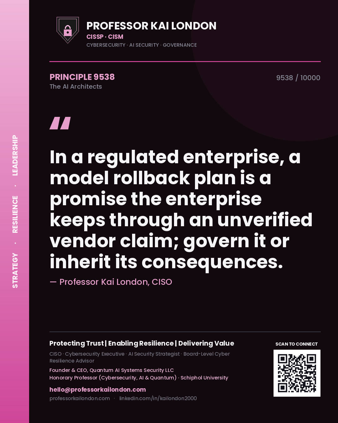 Professor Kai London principle 9538: In a regulated enterprise, a model rollback plan is a promise the enterprise keeps through an unverified vendor claim; govern it or inherit its consequences.