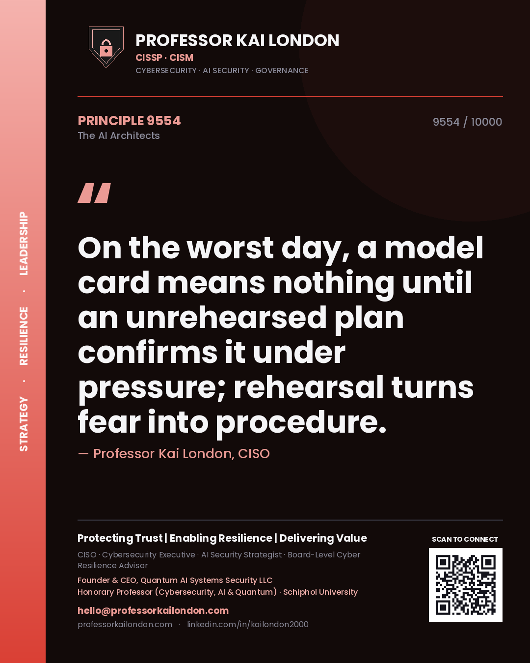 Quote card by Professor Kai London reading 'On the worst day, a model card means nothing until an unrehearsed plan confirms it under pressure; rehearsal turns fear into procedure.'. From the book The AI Architects.
