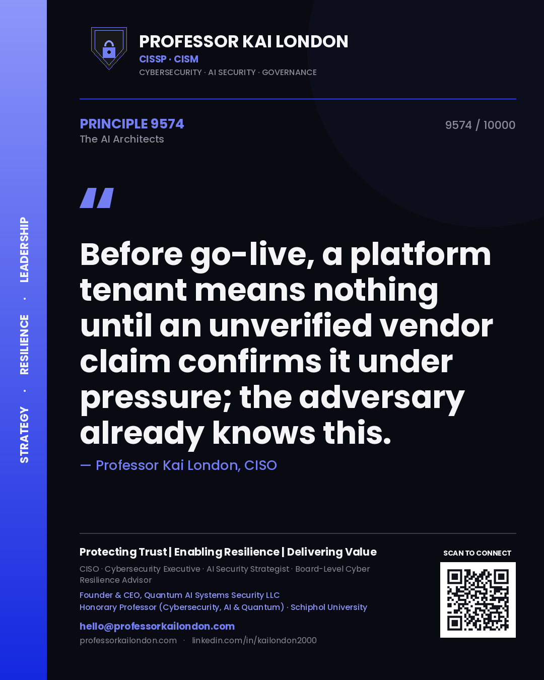 Professor Kai London principle 9574: Before go-live, a platform tenant means nothing until an unverified vendor claim confirms it under pressure; the adversary already knows this.