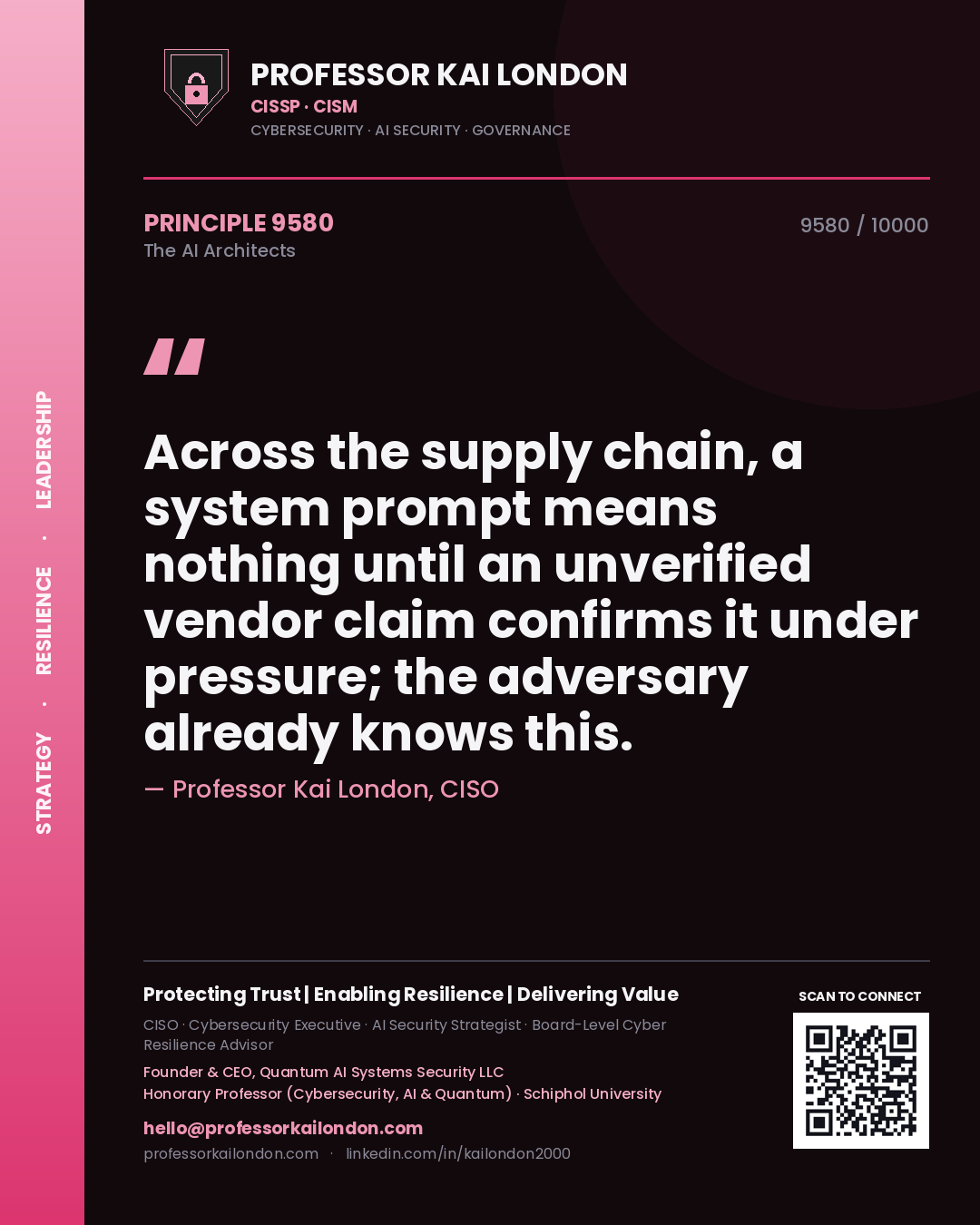 Professor Kai London principle 9580: Across the supply chain, a system prompt means nothing until an unverified vendor claim confirms it under pressure; the adversary already knows this.