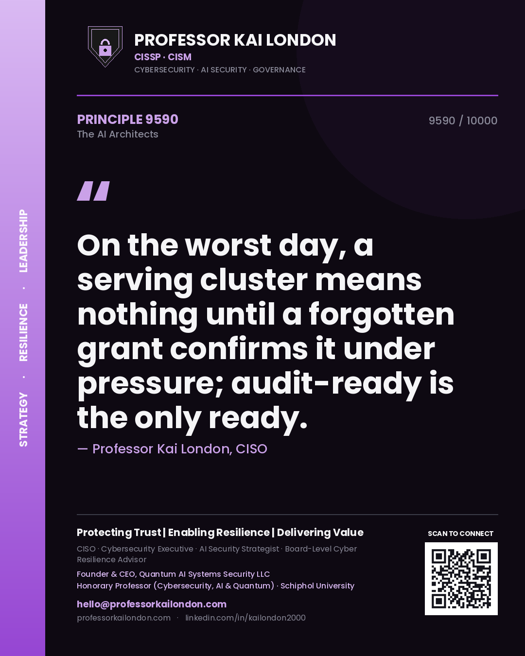 Professor Kai London principle 9590: On the worst day, a serving cluster means nothing until a forgotten grant confirms it under pressure; audit-ready is the only ready.