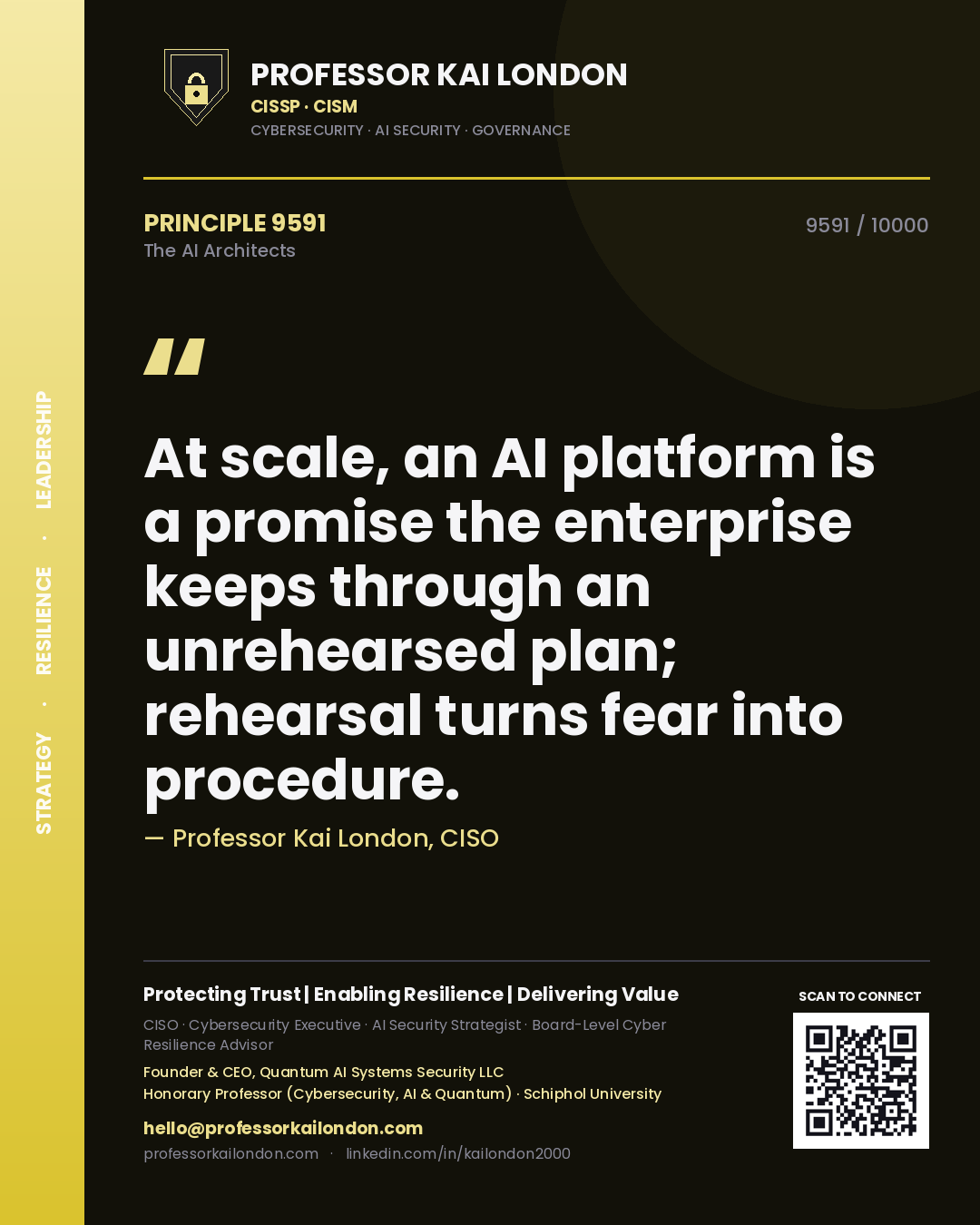 Quote card by Professor Kai London reading 'At scale, an AI platform is a promise the enterprise keeps through an unrehearsed plan; rehearsal turns fear into procedure.'. From the book The AI Architects.