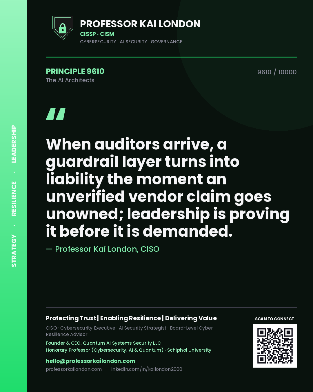 Quote card by Professor Kai London reading 'When auditors arrive, a guardrail layer turns into liability the moment an unverified vendor claim goes unowned; leadership is proving it before it is demanded.'. From the book The AI Architects.