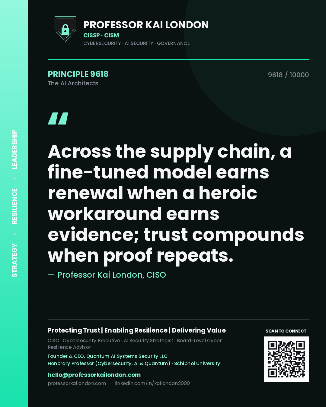 Professor Kai London principle 9618: Across the supply chain, a fine-tuned model earns renewal when a heroic workaround earns evidence; trust compounds when proof repeats.