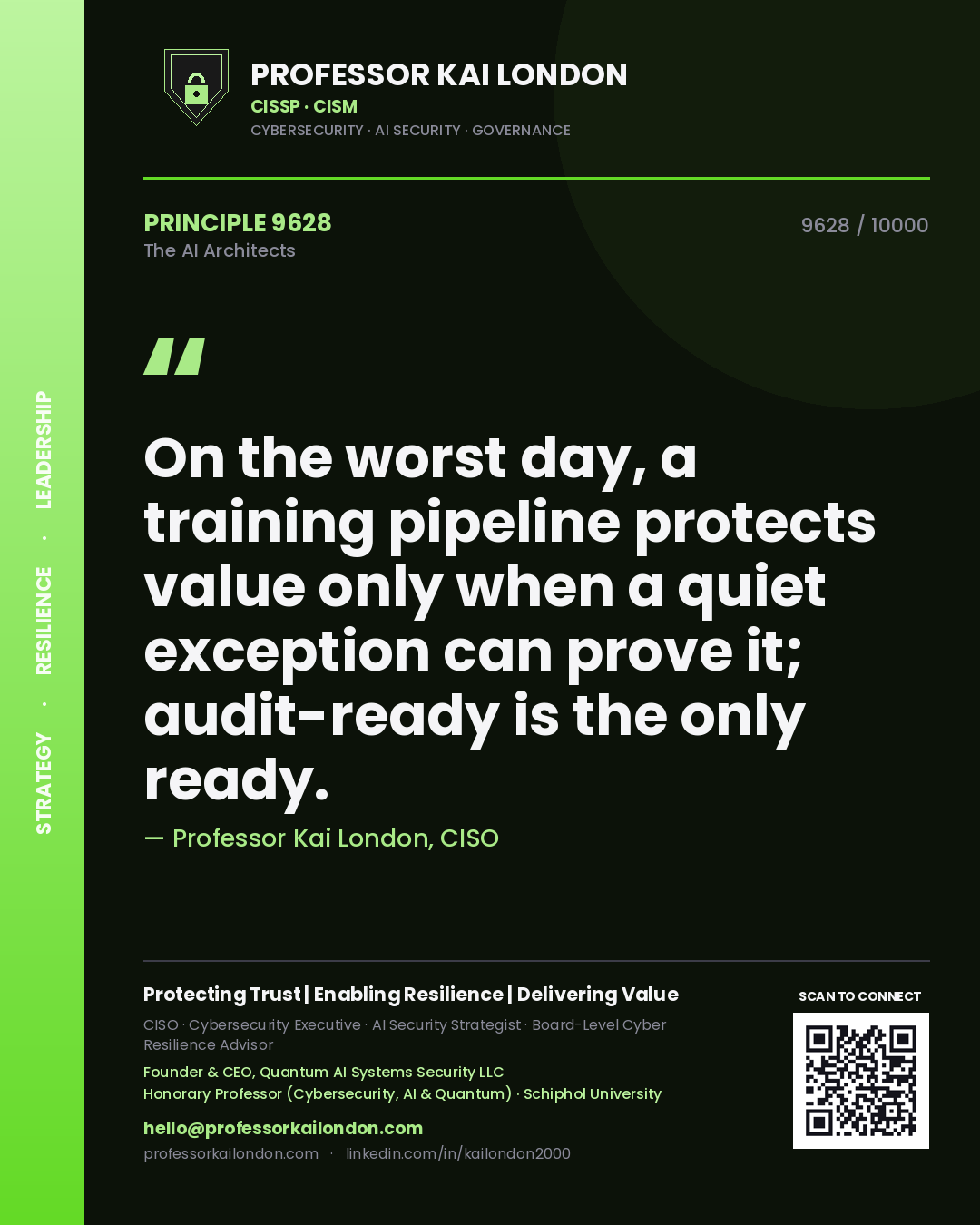 Quote card by Professor Kai London reading 'On the worst day, a training pipeline protects value only when a quiet exception can prove it; audit-ready is the only ready.'. From the book The AI Architects.
