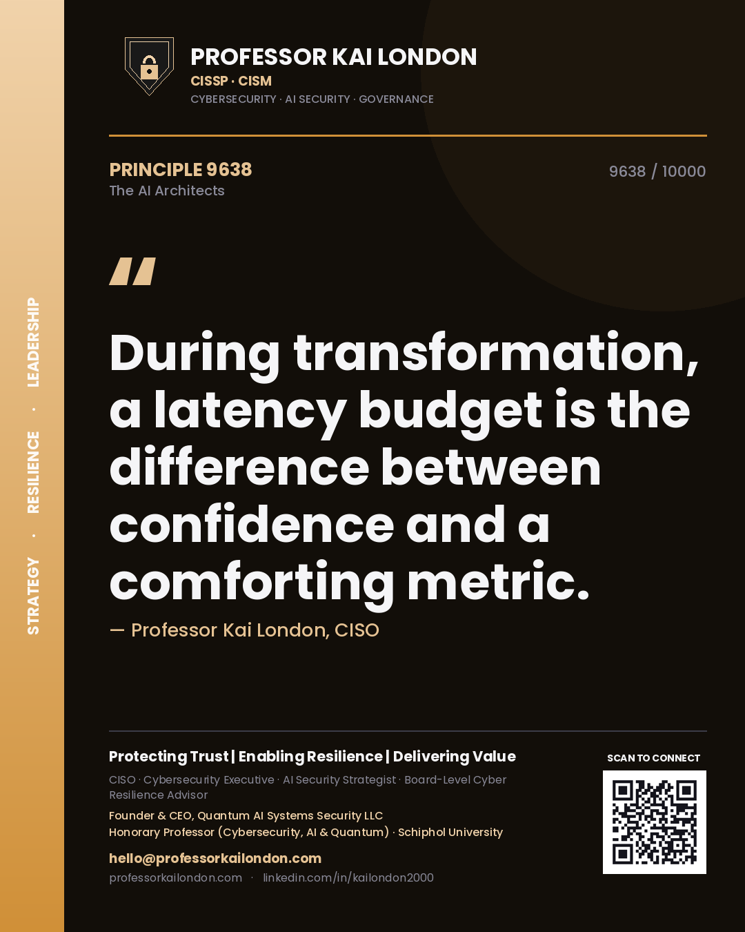 Quote card by Professor Kai London reading 'During transformation, a latency budget is the difference between confidence and a comforting metric.'. From the book The AI Architects.