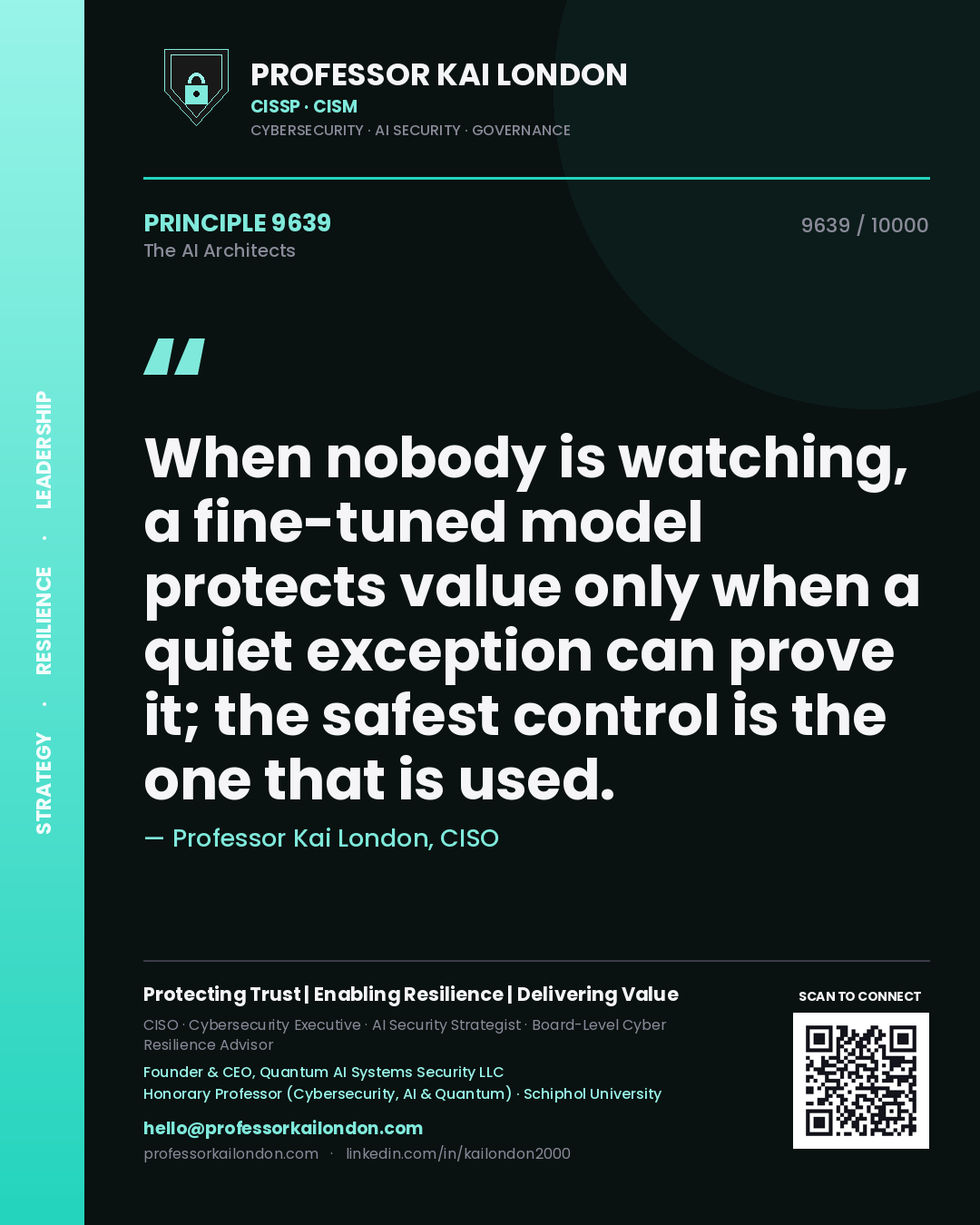 Quote card by Professor Kai London reading 'When nobody is watching, a fine-tuned model protects value only when a quiet exception can prove it; the safest control is the one that is used.'. From the book The AI Architects.