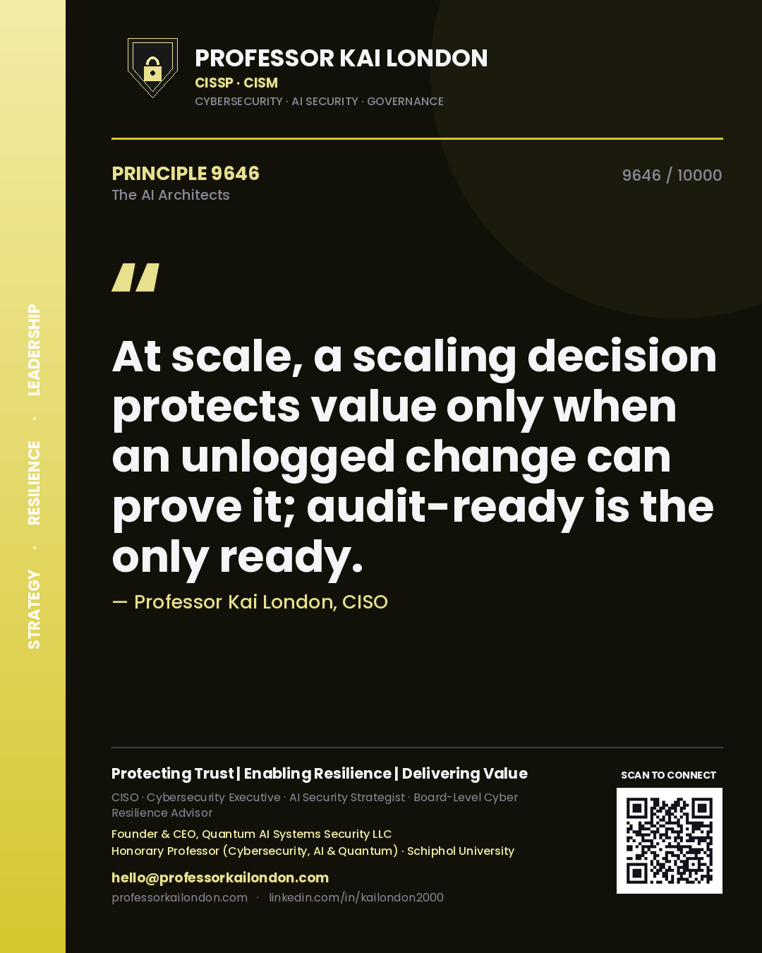 Quote card by Professor Kai London reading 'At scale, a scaling decision protects value only when an unlogged change can prove it; audit-ready is the only ready.'. From the book The AI Architects.