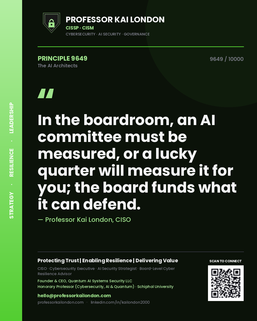 Quote card by Professor Kai London reading 'In the boardroom, an AI committee must be measured, or a lucky quarter will measure it for you; the board funds what it can defend.'. From the book The AI Architects.