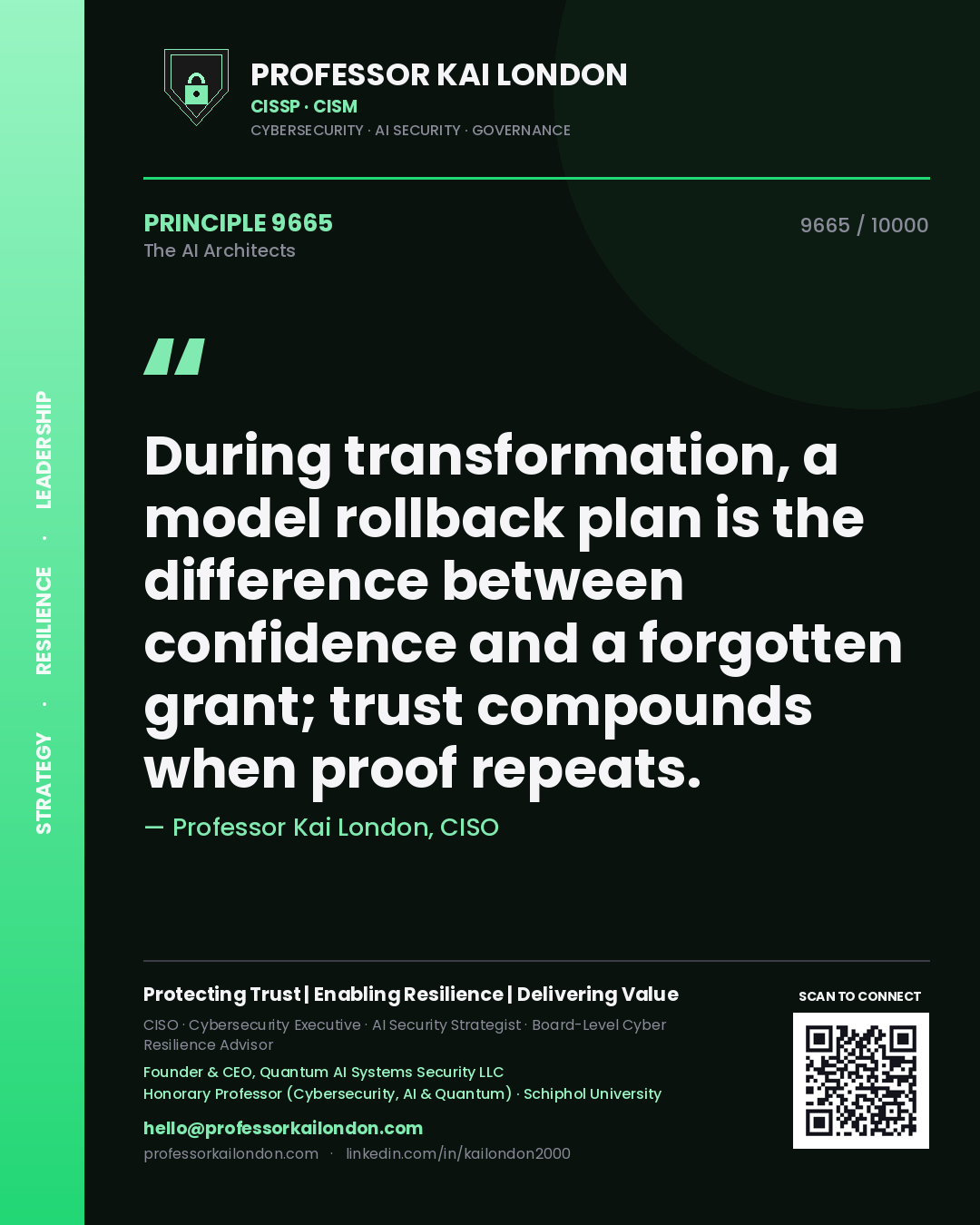 Quote card by Professor Kai London reading 'During transformation, a model rollback plan is the difference between confidence and a forgotten grant; trust compounds when proof repeats.'. From the book The AI Architects.