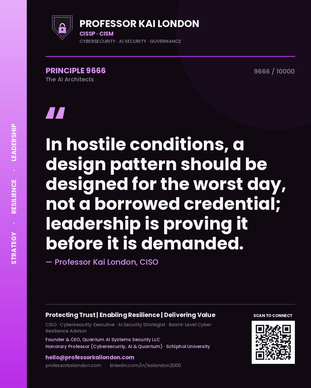 Quote card by Professor Kai London reading 'In hostile conditions, a design pattern should be designed for the worst day, not a borrowed credential; leadership is proving it before it is demanded.'. From the book The AI Architects.