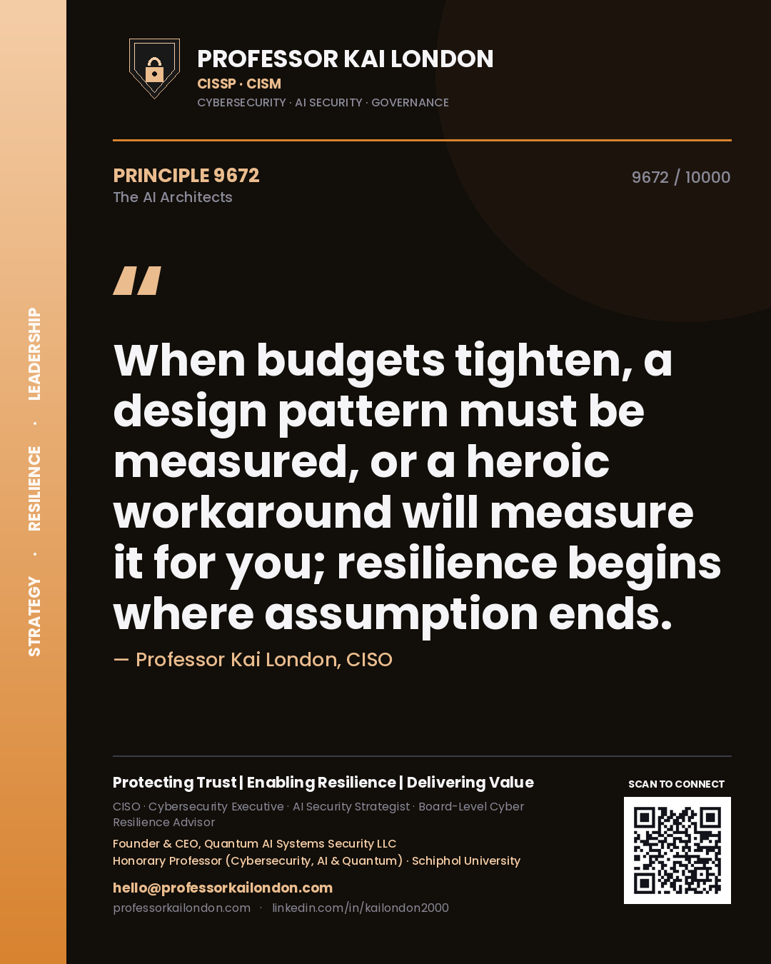 Quote card by Professor Kai London reading 'When budgets tighten, a design pattern must be measured, or a heroic workaround will measure it for you; resilience begins where assumption ends.'. From the book The AI Architects.