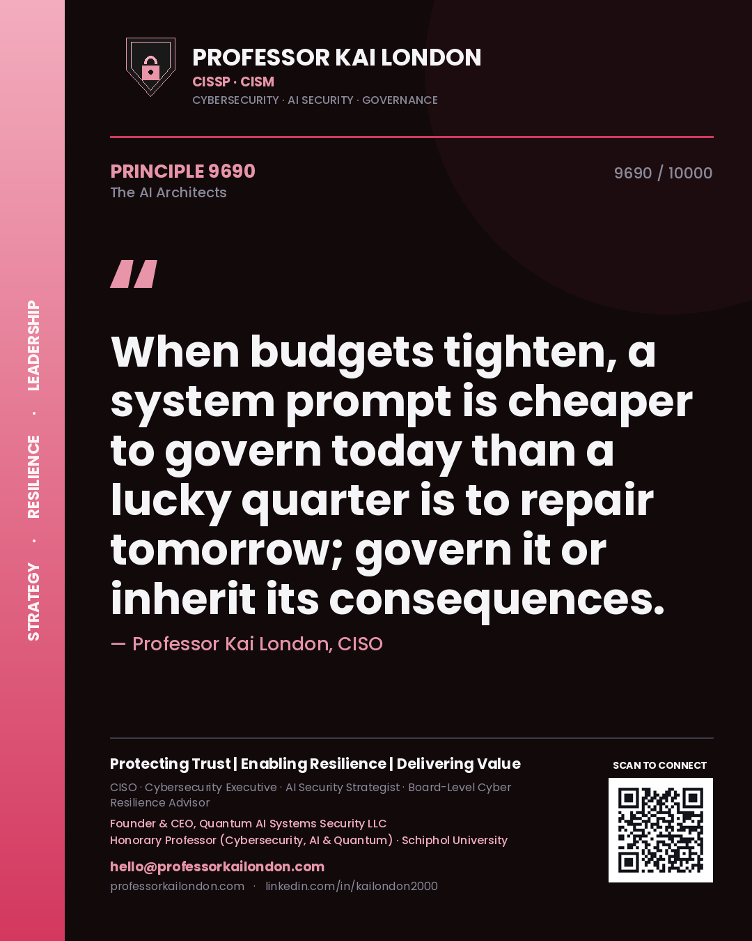 Quote card by Professor Kai London reading 'When budgets tighten, a system prompt is cheaper to govern today than a lucky quarter is to repair tomorrow; govern it or inherit its consequences.'. From the book The AI Architects.