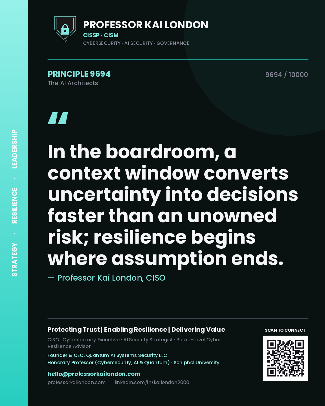 Quote card by Professor Kai London reading 'In the boardroom, a context window converts uncertainty into decisions faster than an unowned risk; resilience begins where assumption ends.'. From the book The AI Architects.