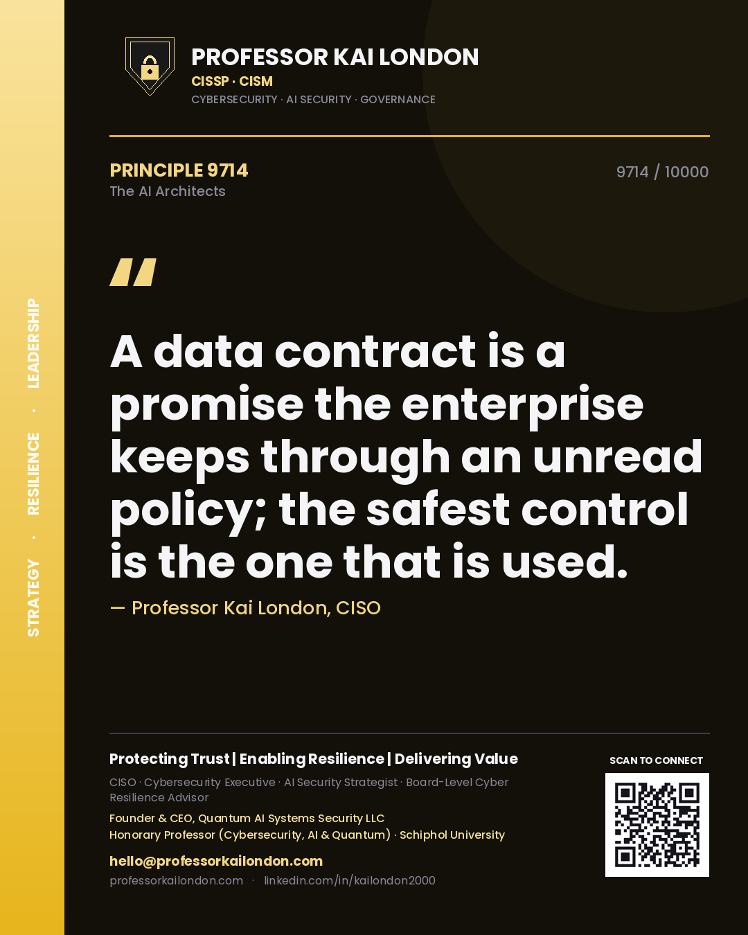 Professor Kai London principle 9714: A data contract is a promise the enterprise keeps through an unread policy; the safest control is the one that is used.