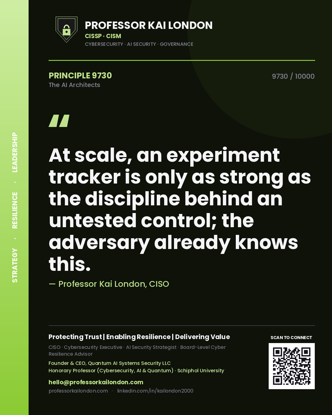 Quote card by Professor Kai London reading 'At scale, an experiment tracker is only as strong as the discipline behind an untested control; the adversary already knows this.'. From the book The AI Architects.