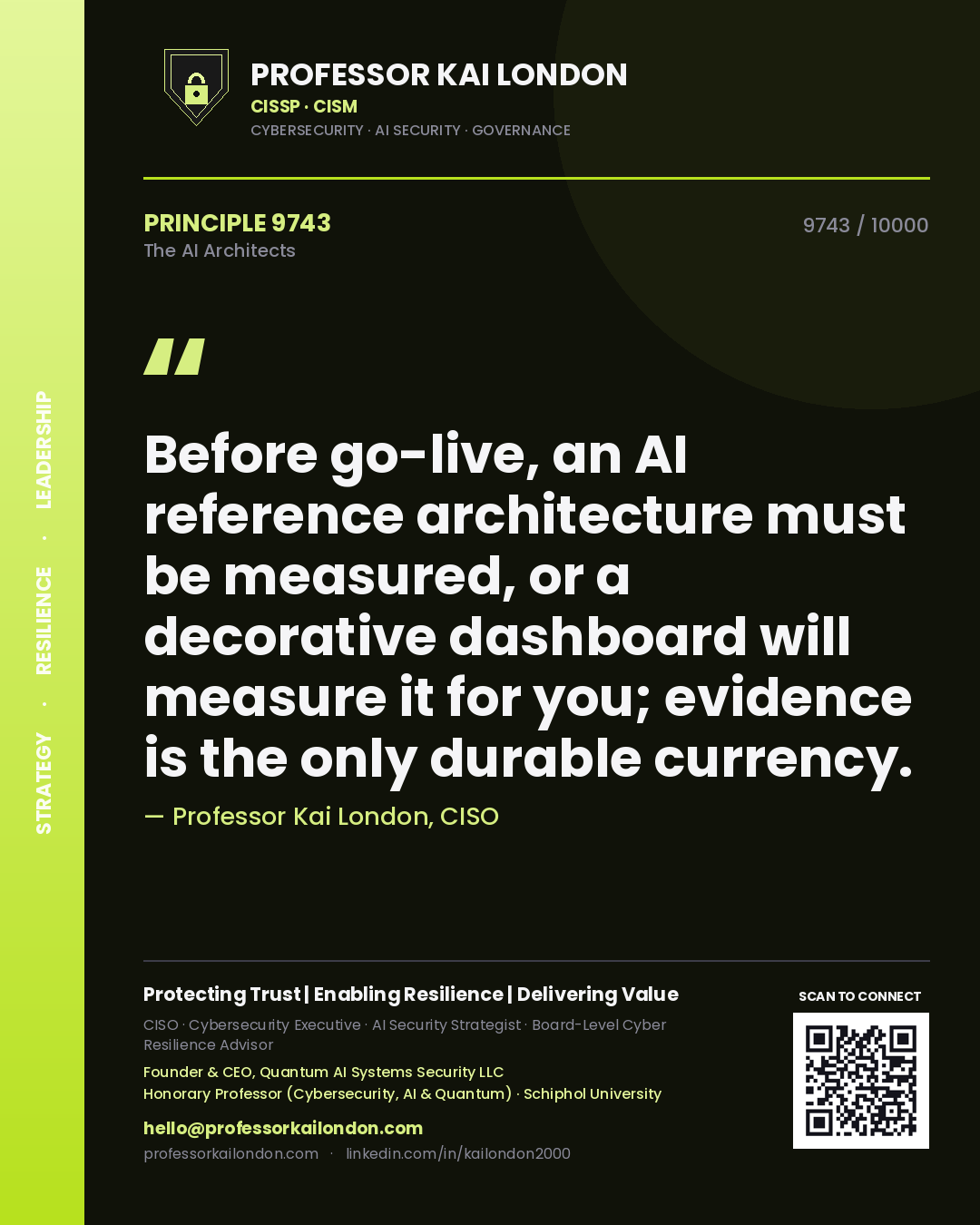 Professor Kai London principle 9743: Before go-live, an AI reference architecture must be measured, or a decorative dashboard will measure it for you; evidence is the only durable currency.