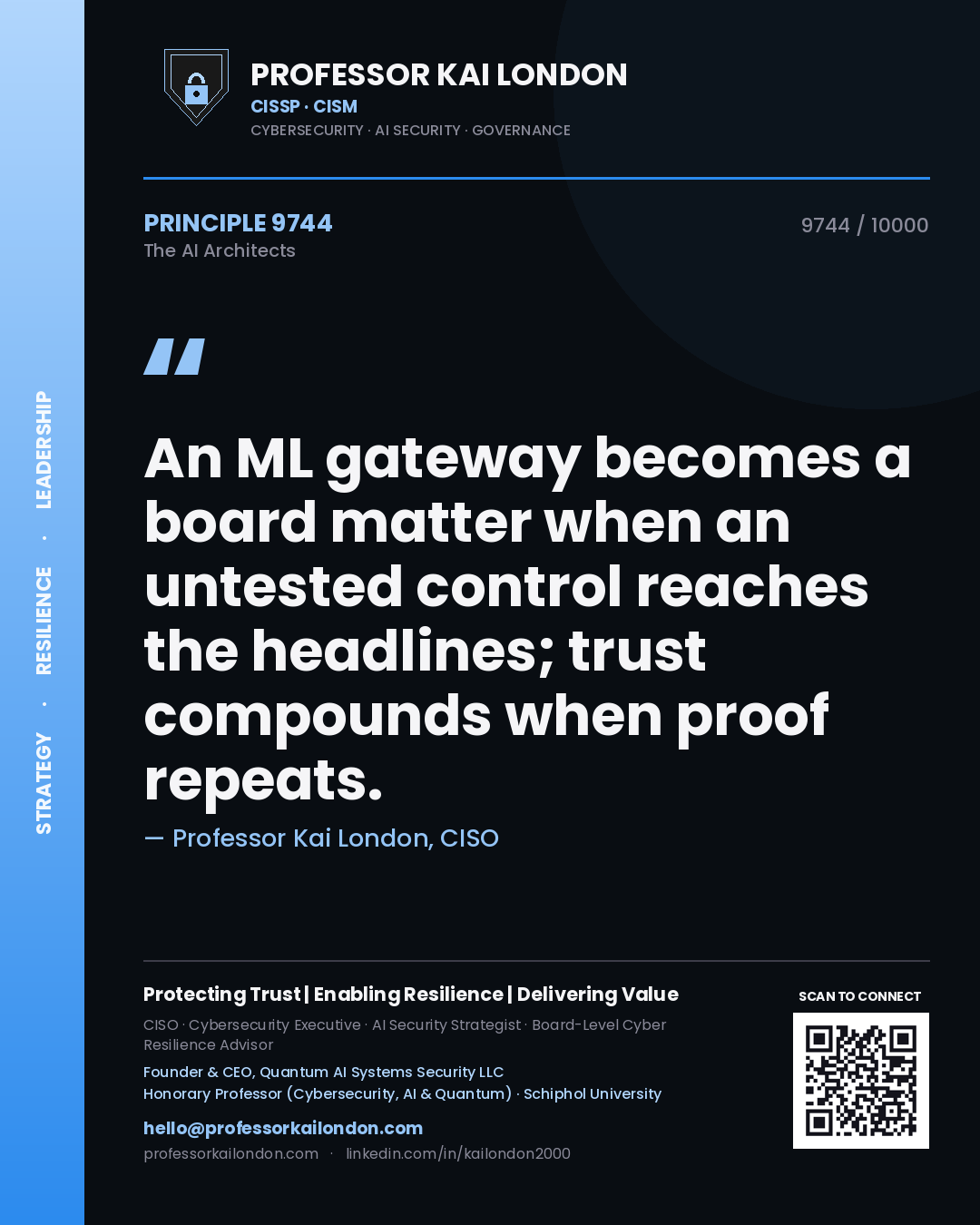 Quote card by Professor Kai London reading 'An ML gateway becomes a board matter when an untested control reaches the headlines; trust compounds when proof repeats.'. From the book The AI Architects.