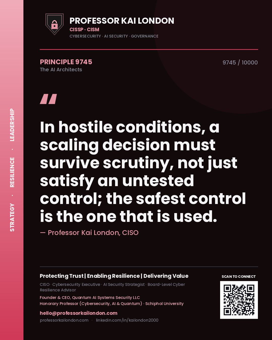 Professor Kai London principle 9745: In hostile conditions, a scaling decision must survive scrutiny, not just satisfy an untested control; the safest control is the one that is used.