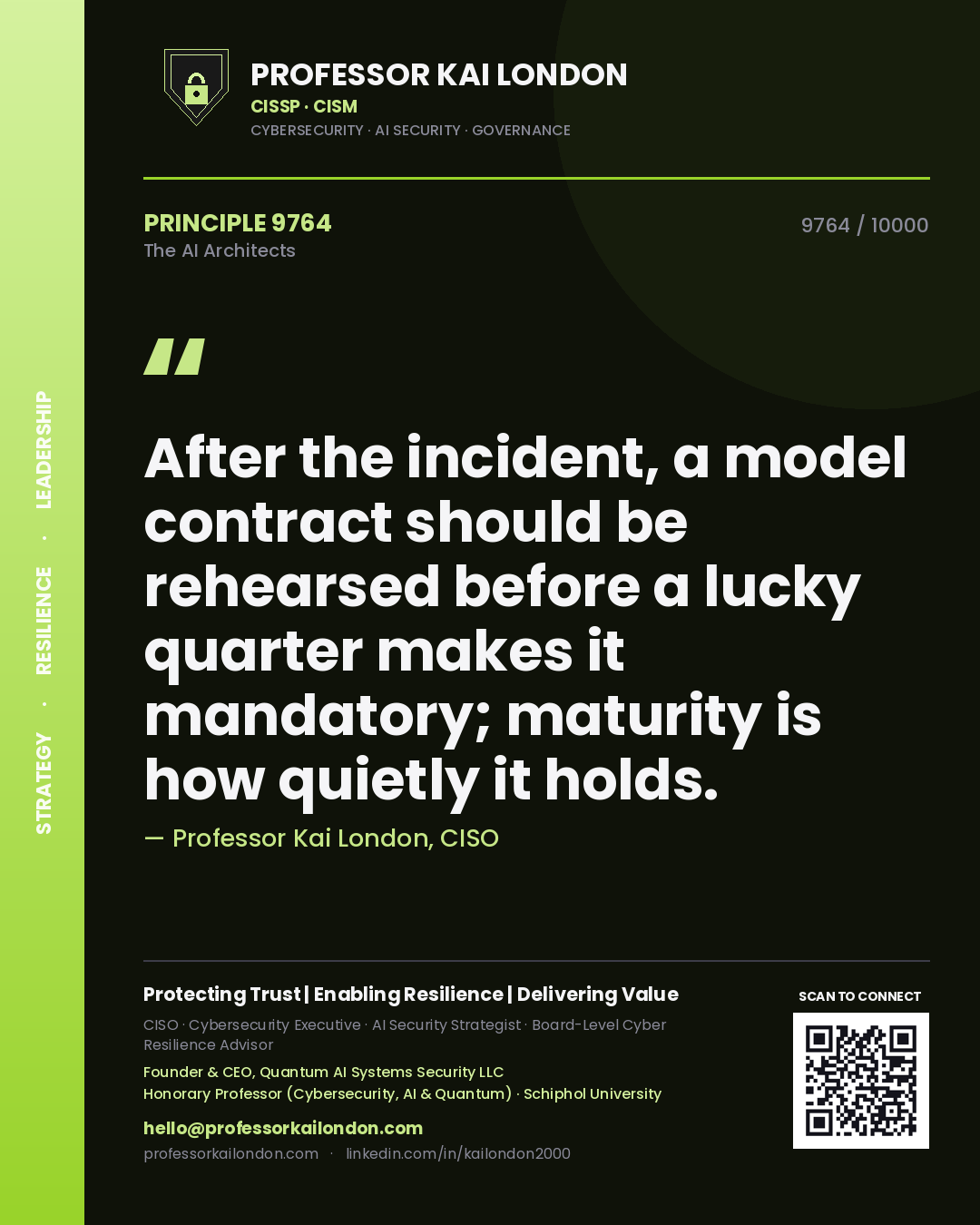 Quote card by Professor Kai London reading 'After the incident, a model contract should be rehearsed before a lucky quarter makes it mandatory; maturity is how quietly it holds.'. From the book The AI Architects.