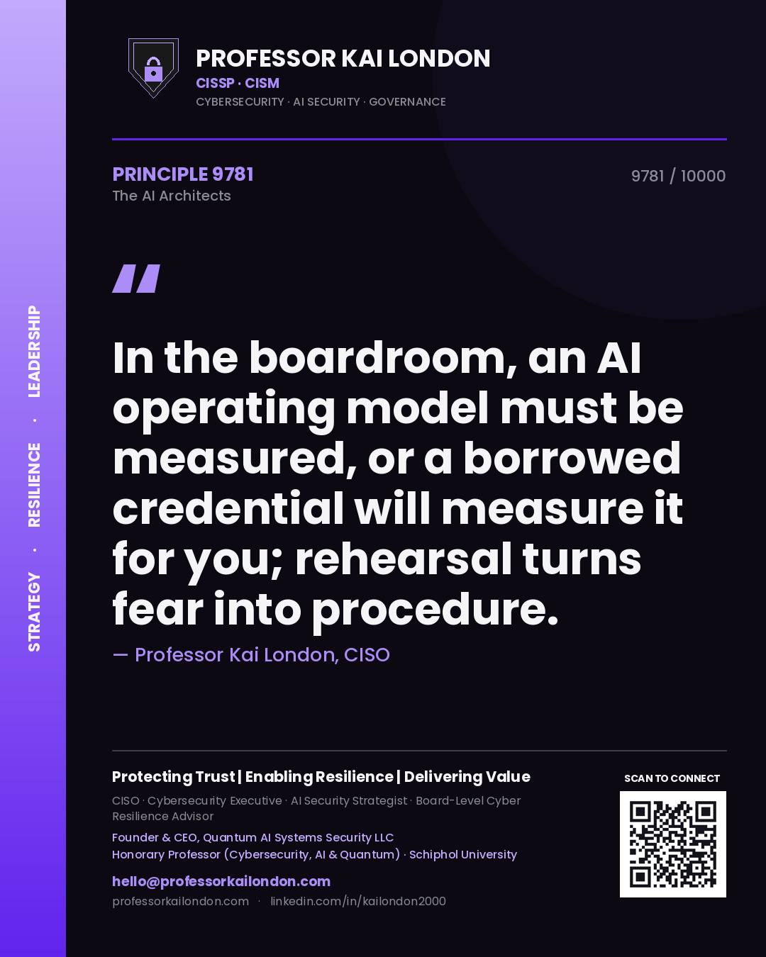 Professor Kai London principle 9781: In the boardroom, an AI operating model must be measured, or a borrowed credential will measure it for you; rehearsal turns fear into procedure.