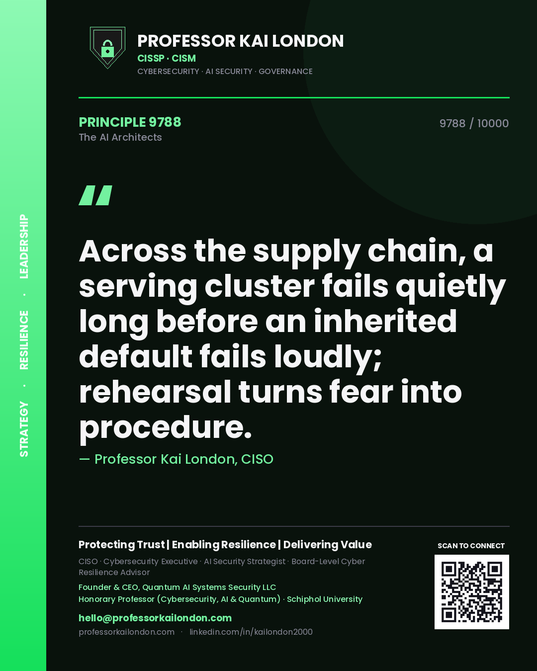 Quote card by Professor Kai London reading 'Across the supply chain, a serving cluster fails quietly long before an inherited default fails loudly; rehearsal turns fear into procedure.'. From the book The AI Architects.