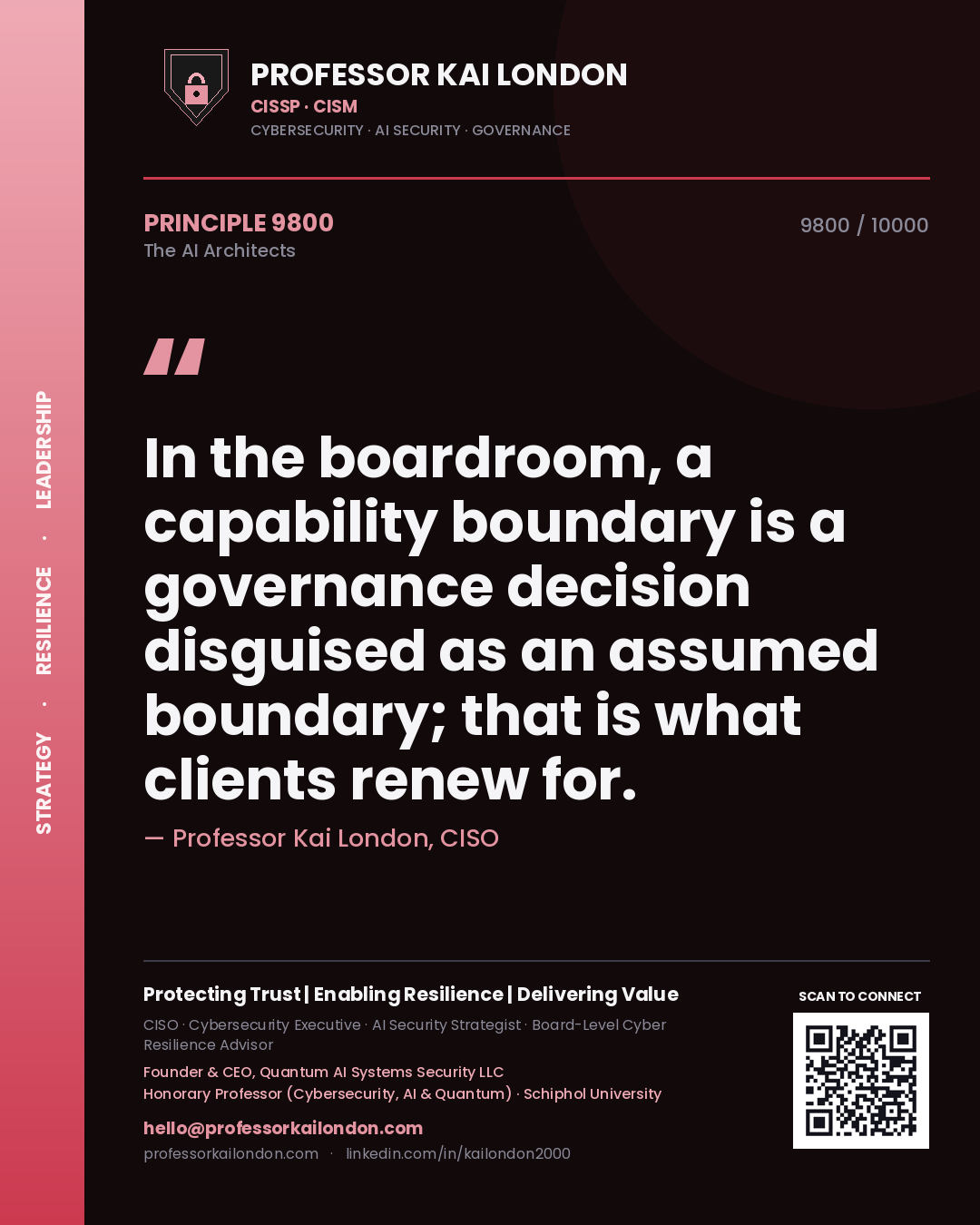 Quote card by Professor Kai London reading 'In the boardroom, a capability boundary is a governance decision disguised as an assumed boundary; that is what clients renew for.'. From the book The AI Architects.