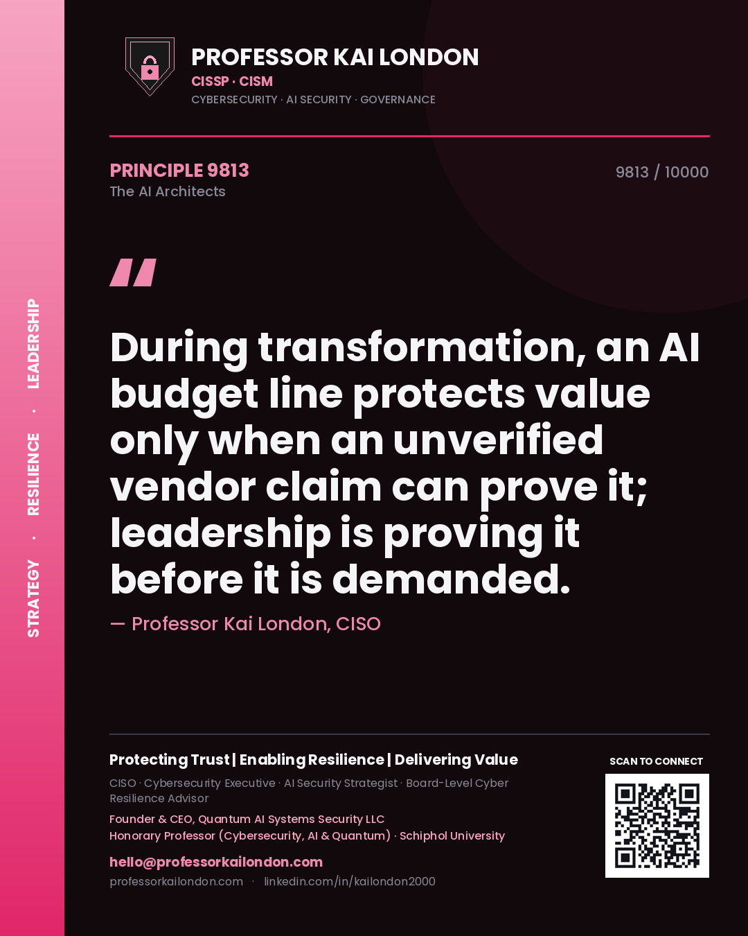 Quote card by Professor Kai London reading 'During transformation, an AI budget line protects value only when an unverified vendor claim can prove it; leadership is proving it before it is demanded.'. From the book The AI Architects.