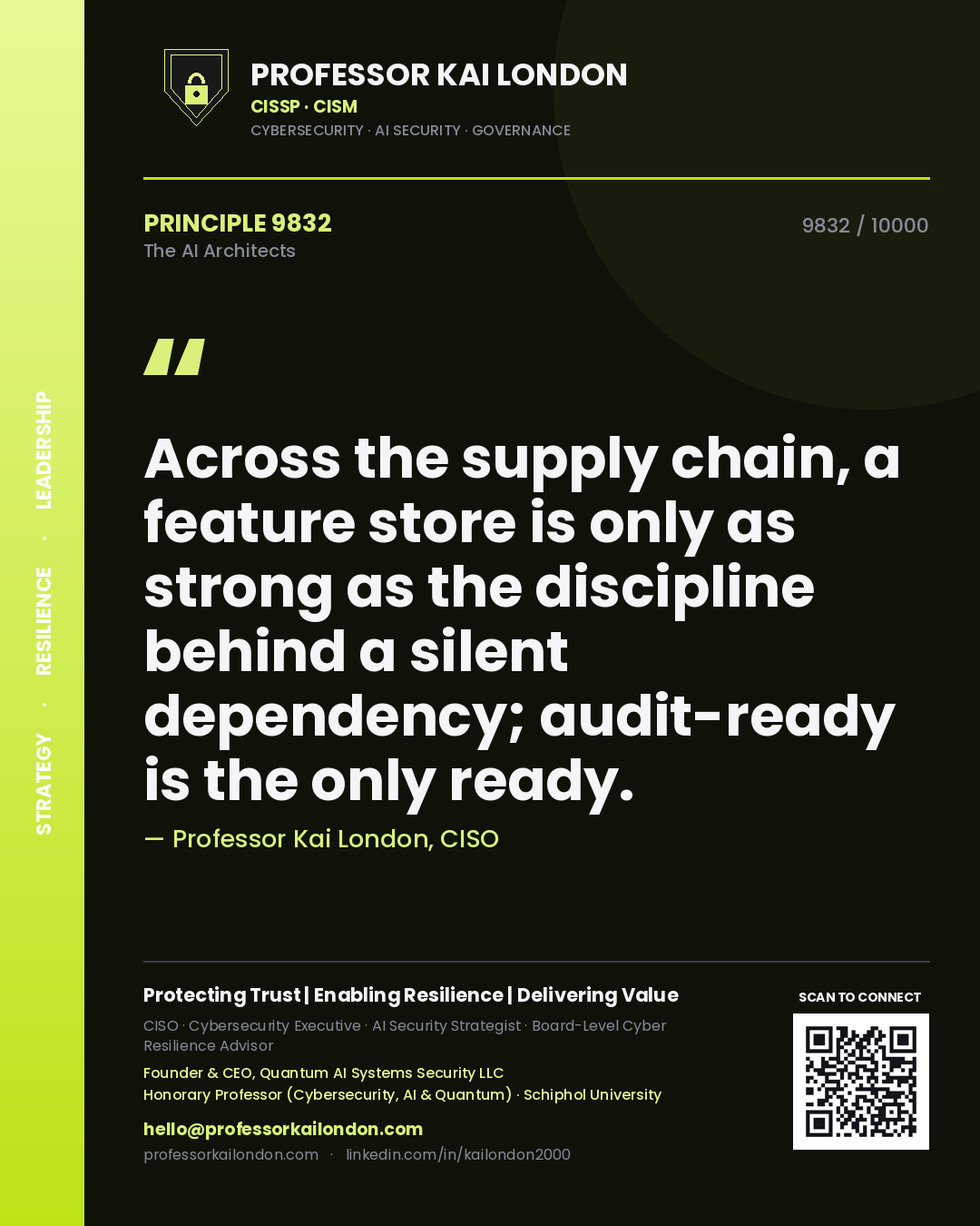 Quote card by Professor Kai London reading 'Across the supply chain, a feature store is only as strong as the discipline behind a silent dependency; audit-ready is the only ready.'. From the book The AI Architects.
