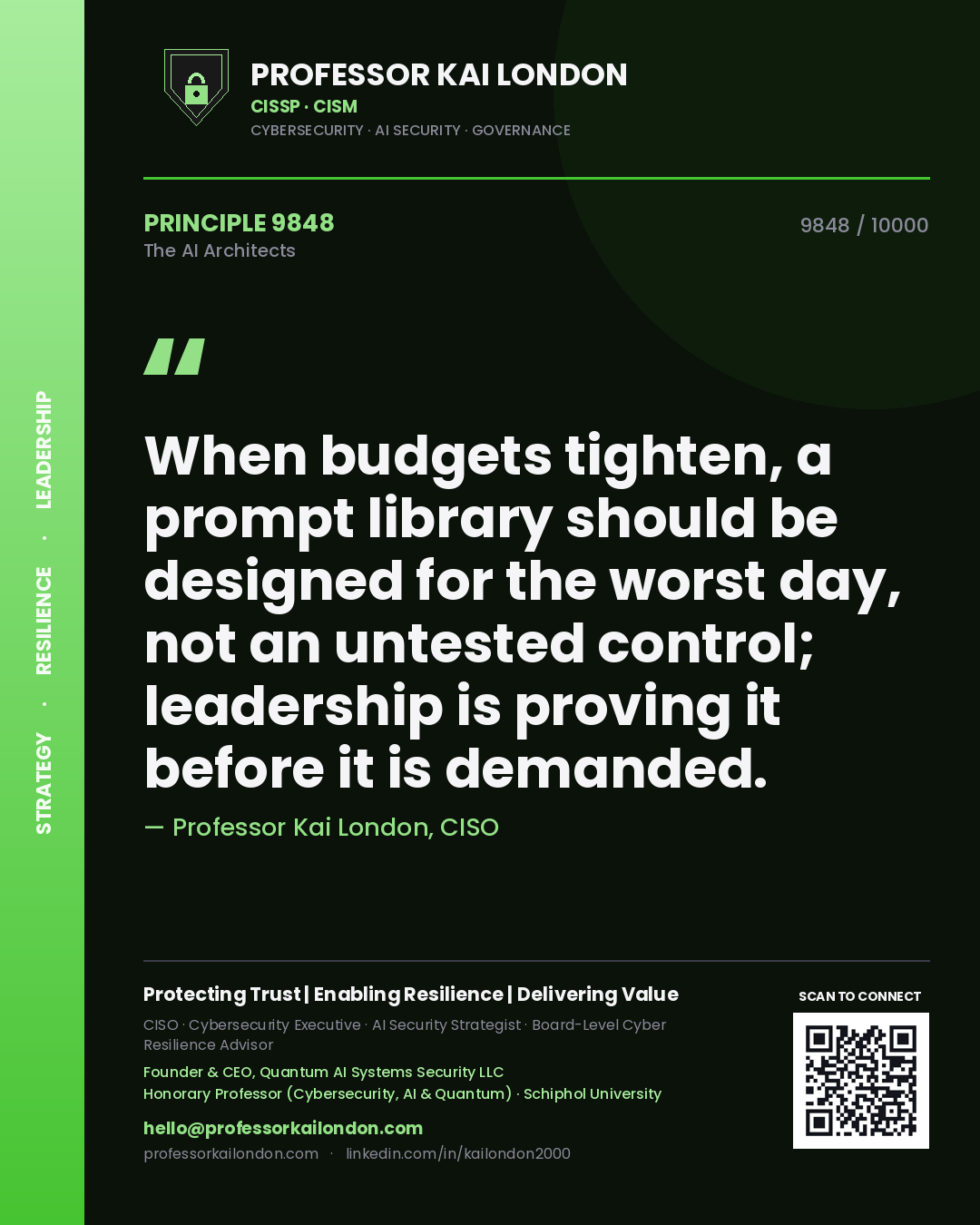 Professor Kai London principle 9848: When budgets tighten, a prompt library should be designed for the worst day, not an untested control; leadership is proving it before it is demanded.