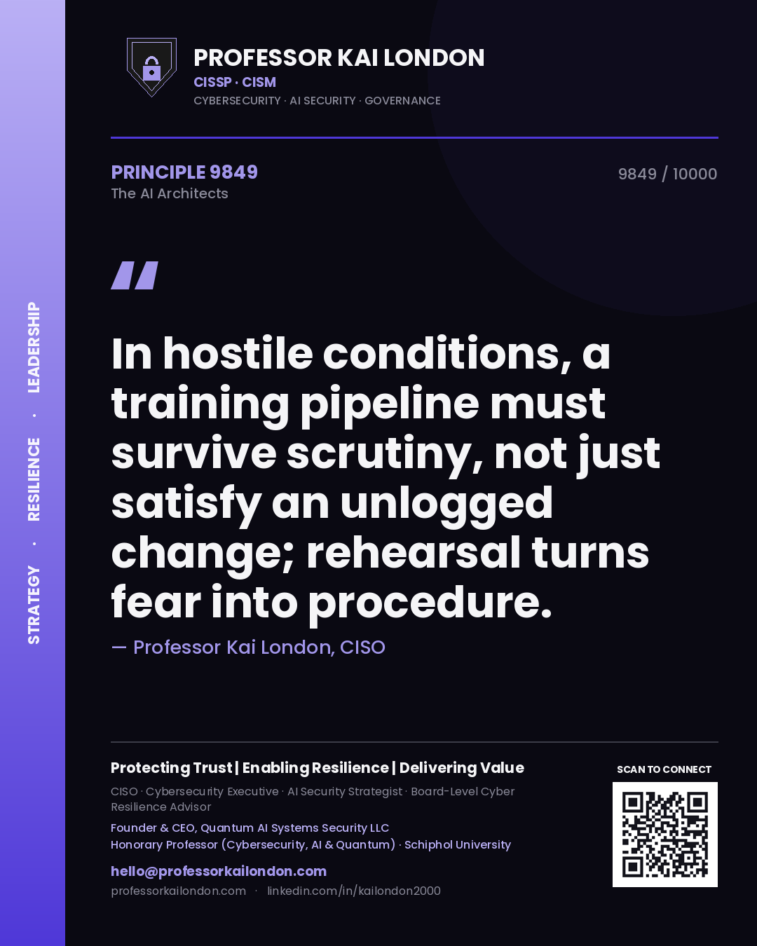 Quote card by Professor Kai London reading 'In hostile conditions, a training pipeline must survive scrutiny, not just satisfy an unlogged change; rehearsal turns fear into procedure.'. From the book The AI Architects.
