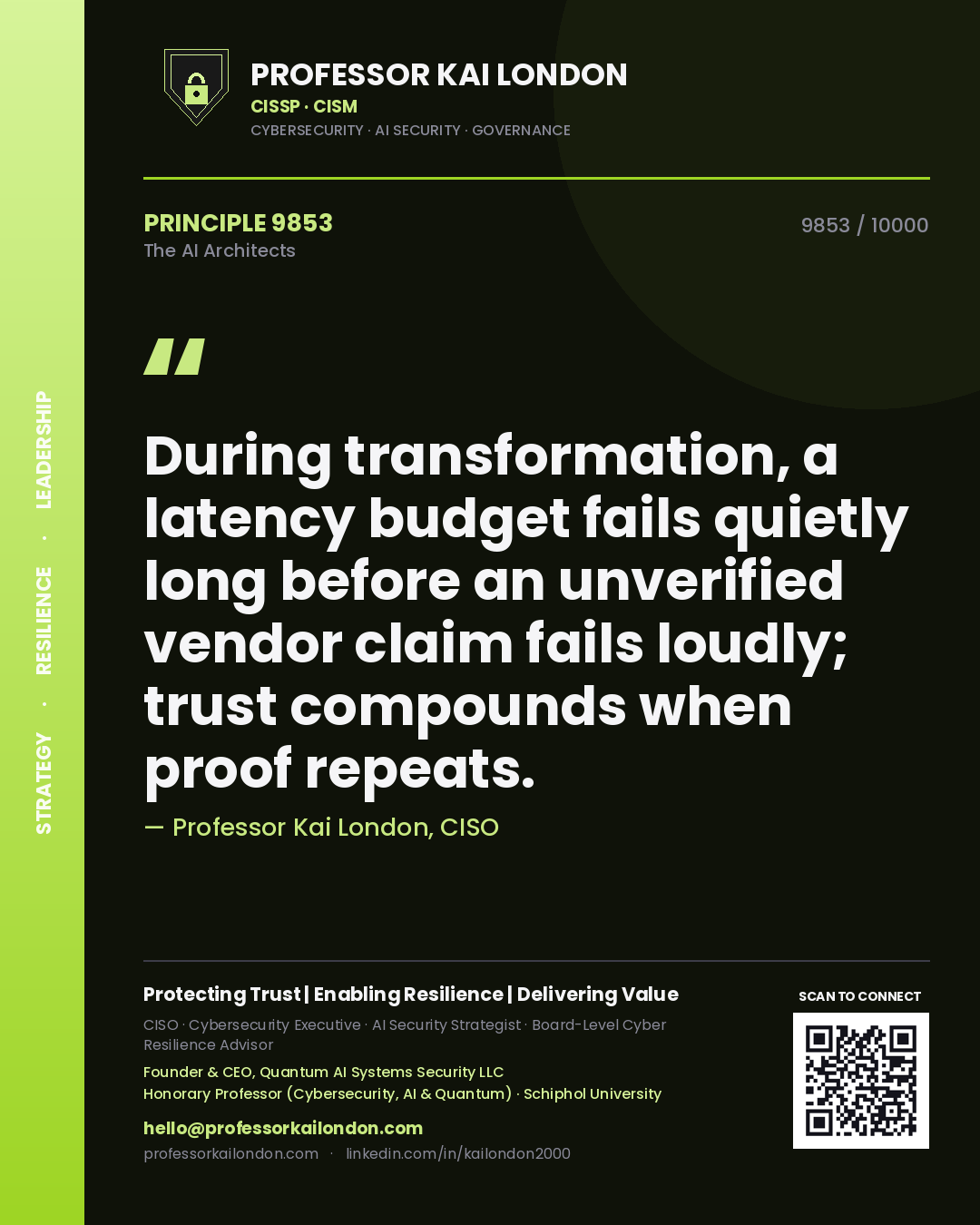 Quote card by Professor Kai London reading 'During transformation, a latency budget fails quietly long before an unverified vendor claim fails loudly; trust compounds when proof repeats.'. From the book The AI Architects.