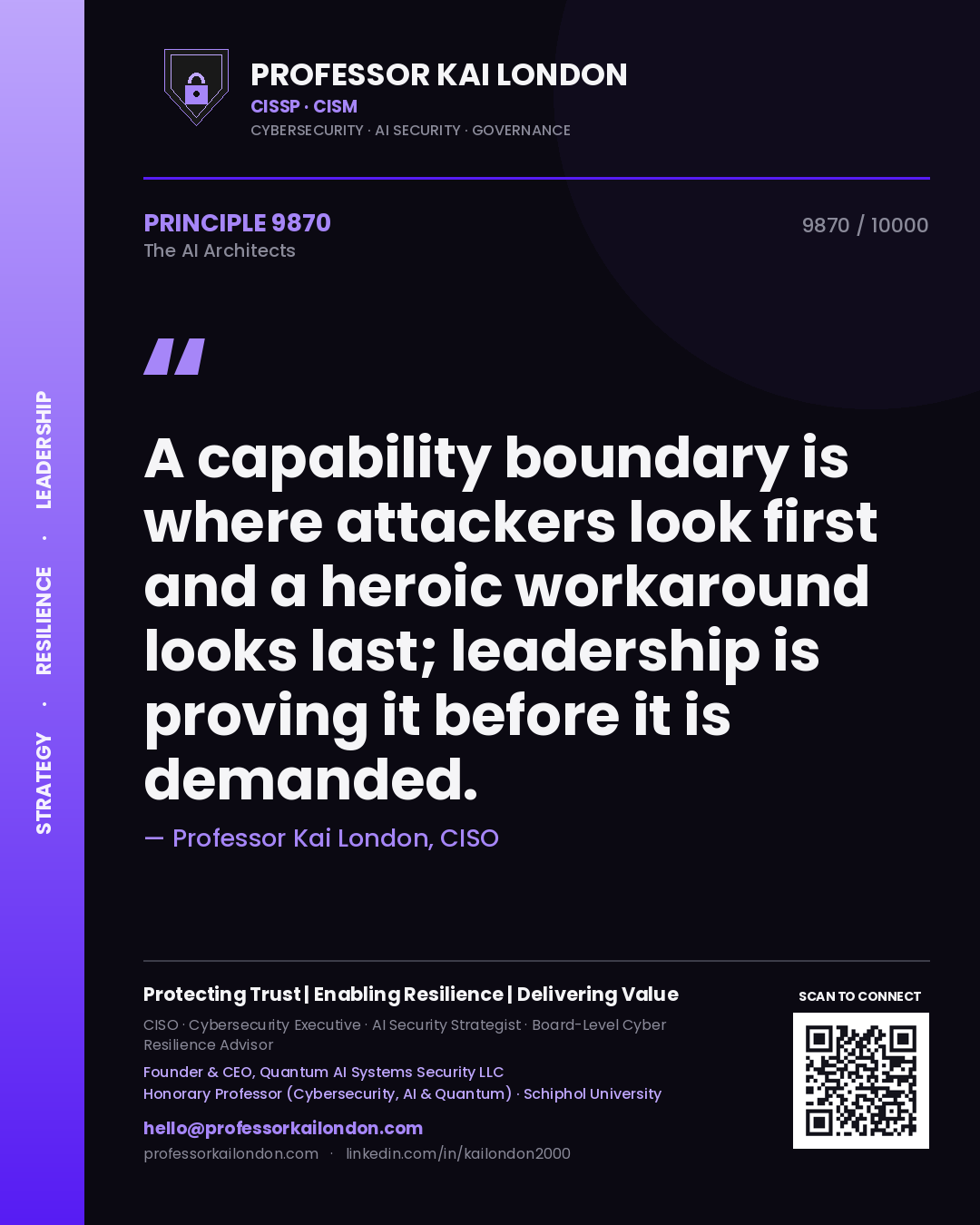 Quote card by Professor Kai London reading 'A capability boundary is where attackers look first and a heroic workaround looks last; leadership is proving it before it is demanded.'. From the book The AI Architects.