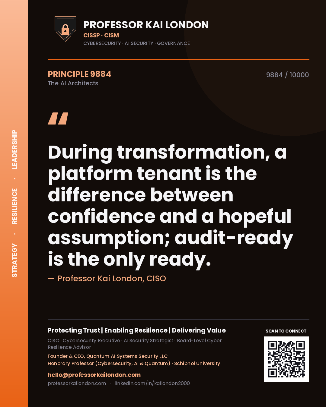 Professor Kai London principle 9884: During transformation, a platform tenant is the difference between confidence and a hopeful assumption; audit-ready is the only ready.