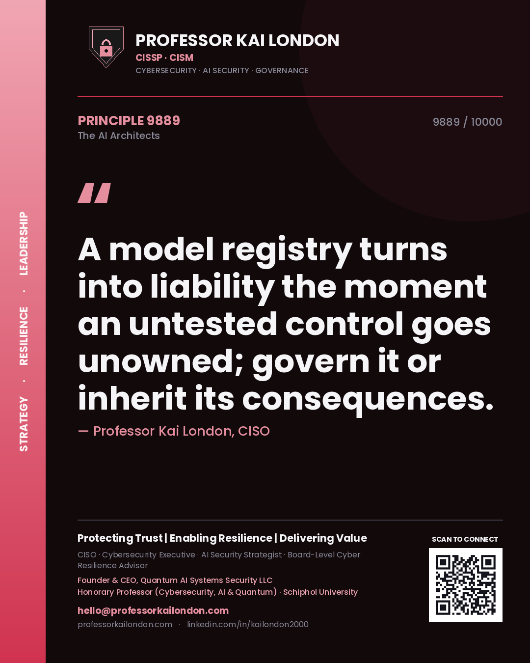 Quote card by Professor Kai London reading 'A model registry turns into liability the moment an untested control goes unowned; govern it or inherit its consequences.'. From the book The AI Architects.